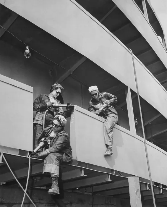 Framed Print : Chippers, metal finishing workers at Marinship Corporation. The women war workers use power tools to correct defects and prepare surfaces for further work Framed Print : Chippers, metal finishing workers at Marinship Corporation. The women war workers use power tools to correct defects and prepare surfaces for further work
