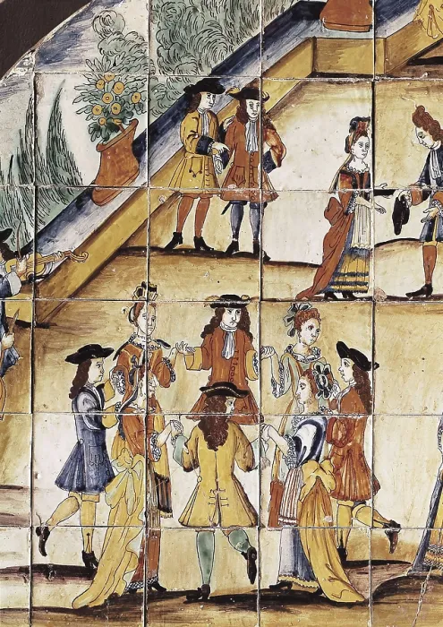 Framed Print : The Chocolatada. 1710. Detail of the dance. Representation of a series of trades and traditional scenes in glazed ceramic. Ceramics. SPAIN. Barcelona