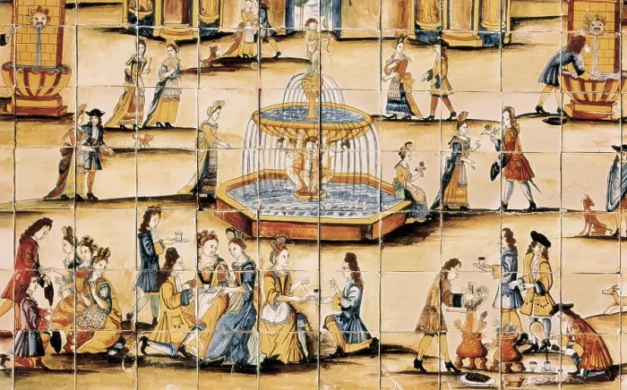 Framed Print : The Chocolatada. 18th c. Detail. Representation of local jobs and scenes. Ceramics. SPAIN. Barcelona. National Art Museum of Catalonia. Proc: SPAIN. Alella