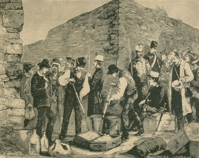 Framed Print : Cholera Epidemic in France, 1884. Public health workers disinfect baggage at a quarantine station for maritime travelers. From a sketch by E. Clair-Guyot, for L'ILLLUSTRATION