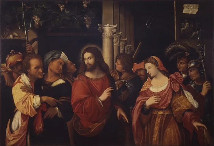 Framed Print : Christ and the adulteress, by Girolamo Fumagalli, 17th century, oil on canvas. - Italy, Lombardy, Milan, Castello Sforzesco, Museum of Ancient Art. Whole artwork view Framed Print : Christ and the adulteress, by Girolamo Fumagalli, 17th century, oil on canvas. - Italy, Lombardy, Milan, Castello Sforzesco, Museum of Ancient Art. Whole artwork view