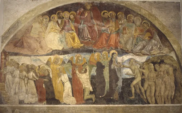 Framed Print : Christ among Apostles; Souls in Purgatory with Saint Philip Benizi and Blessed Giuliana Falconieri, by Master of San Primo, 1491, 15th Century, fresco - Italy, Lombardy, Pavia