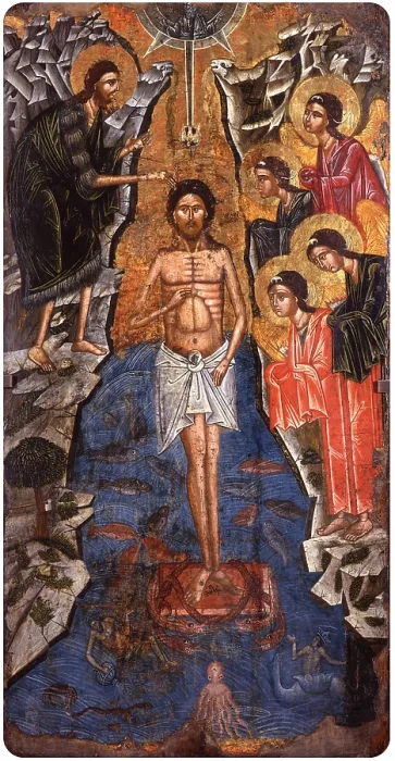 Framed Print : Christ Baptism, by Onufri Qiprioti, begin of the 17th Century, tempera on wood - Albania, Tirana, Institute for Cultural Monuments. Whole artowork view