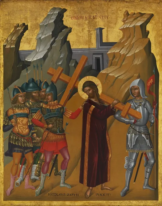 Framed Print : CHRIST BEARING THE CROSS, by Nicolaos Tzafouris, 1475-99, Byzantine, Cretan oil painting. Surrounded by soldiers, Christ bears his cross to Golgotha Framed Print : CHRIST BEARING THE CROSS, by Nicolaos Tzafouris, 1475-99, Byzantine, Cretan oil painting. Surrounded by soldiers, Christ bears his cross to Golgotha