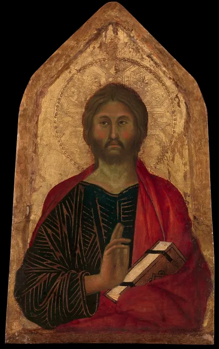 Framed Print : CHRIST BLESSING, by Segna di Buonaventura, 1311, Italian Proto-Renaissance tempera painting. Christs face, hand and red clock are painted in modeled forms