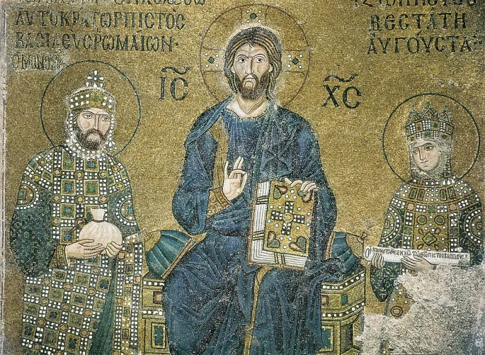 Framed Print : Christ enthroned between the Emperor Cosntantine IX Monomachus and the Empress Zoe. TURKEY. Istanbul. Hagia Sophia (Basilica of St. Sophia). Byzantine art. Mosaic