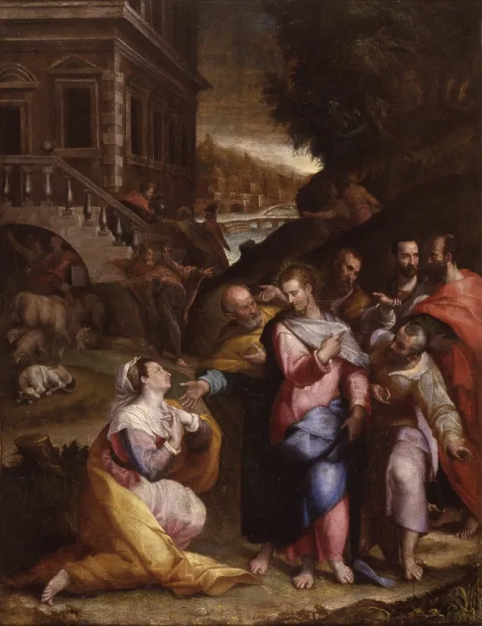 Framed Print : Christ and a Girl from Cana, by Lavinia Fontana, 16th - 17th Century, canvas - Private collection. Whole artwork view Framed Print : Christ and a Girl from Cana, by Lavinia Fontana, 16th - 17th Century, canvas - Private collection. Whole artwork view