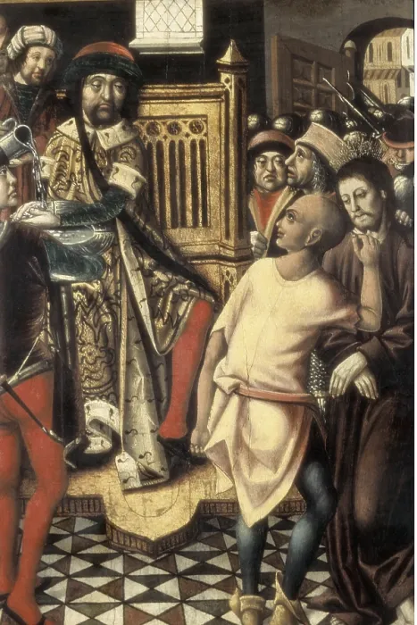 Framed Print : Christ before Pilate. 1476 - 1500. A group of executioners brings Jesus Christ tied to the presence of Pontius Pilate, sitting on a throne and washing their hands