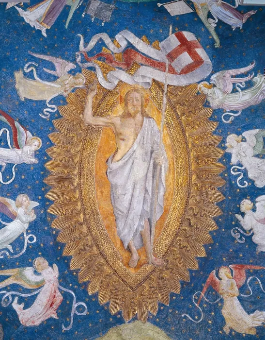 Framed Print : Christ Resurrected, attributed to Zanetto Bugatto, 15th century, fresco - Italy, Lombardy, Milan, Castello Sforzesco. Whole artwork view