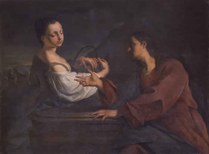 Framed Print : Christ and the Samaritan Woman, by Francesco Polazzo, 18th Century, oil on canvas - Italy, Veneto, Venice, Church of Saint Francis della Vigna. Whole artwork view