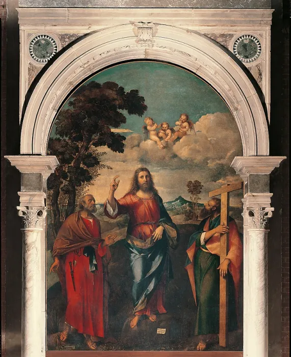 Framed Print : Christ with St Peter and St Andrew, by Marconi Rocco, 16th Century, oil, - Italy, Veneto, Venice, San Zanipolo Church (Ss Giovanni e Paolo). Full view