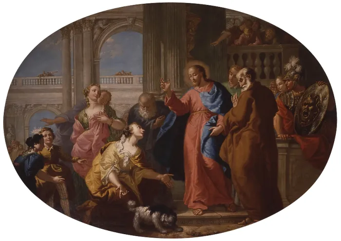 Framed Print : Christ and a Woman from Cana, by Michelangelo Schiavoni, 1752, 18th Century, canvas - Italy, Veneto, Chioggia, Cathedral. Whole artwork view