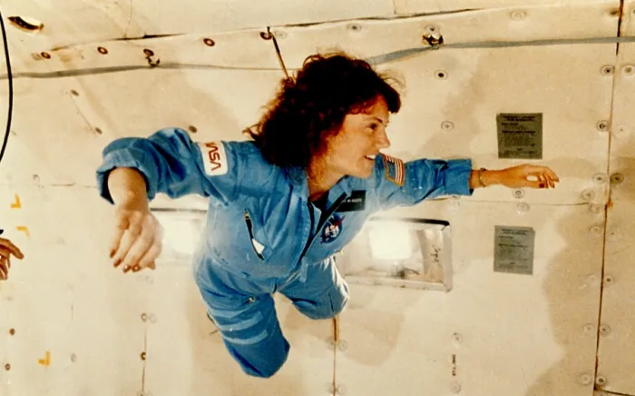 Framed Print : Christa McAuliffe Experiences Weightlessness. She represented the Teacher in Space Project and died when Challenger exploded during take-off on January 28, 1986