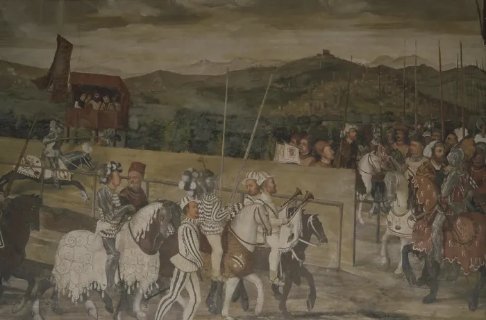 Framed Print : Christian, King of Denmark on a visit to Malpaga, by Marcello Fogolino, 1535, 16th century, fresco - Italy, Lombardy, Cavernago, Malpaga, Colleoni Castle. Detail Framed Print : Christian, King of Denmark on a visit to Malpaga, by Marcello Fogolino, 1535, 16th century, fresco - Italy, Lombardy, Cavernago, Malpaga, Colleoni Castle. Detail