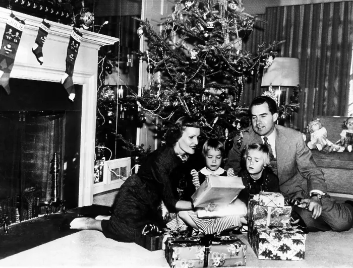Framed Print : Christmas with the Vice President's family. L-R: Patrician Nixon; Checkers, the cocker spaniel; Julie, age 5; Tricia, age 7, and Richard Nixon. Dec. 24, 1953 Framed Print : Christmas with the Vice President's family. L-R: Patrician Nixon; Checkers, the cocker spaniel; Julie, age 5; Tricia, age 7, and Richard Nixon. Dec. 24, 1953