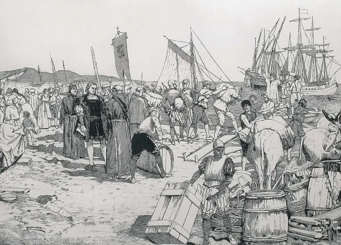 Framed Print : Christopher Columbus boarding in the harbour of Palos. Engraving. SPAIN. Zaragoza. Academia General Militar (General Military Academy). AISA / Everett Collection**US SALES ONLY** Framed Print : Christopher Columbus boarding in the harbour of Palos. Engraving. SPAIN. Zaragoza. Academia General Militar (General Military Academy). AISA / Everett Collection**US SALES ONLY**