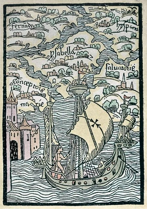 Framed Print : Christopher Columbus First Voyage to America (1492). Discover of the islands of Concepcin, Fernandina, Isabela, Salvador