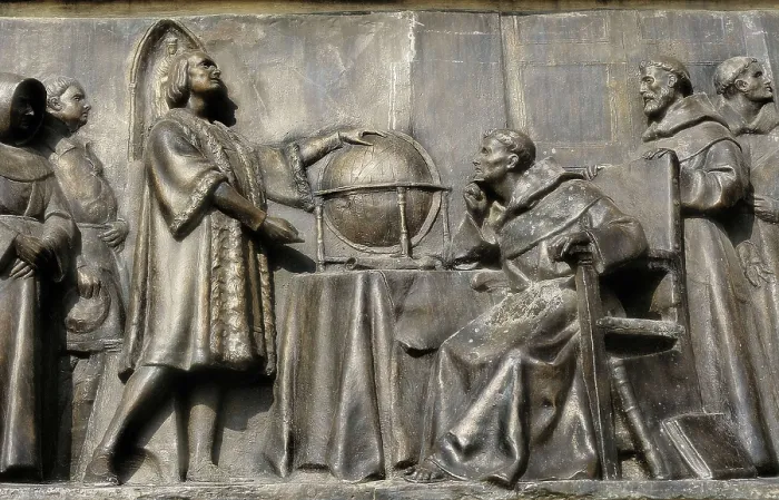 Framed Print : Christopher Columbus together with fray Juan Prez and other Franciscan monks in the Monastery de la Rbida. Relief on bronze. SPAIN. Palos de la Frontera. La Rbida Monastery Framed Print : Christopher Columbus together with fray Juan Prez and other Franciscan monks in the Monastery de la Rbida. Relief on bronze. SPAIN. Palos de la Frontera. La Rbida Monastery
