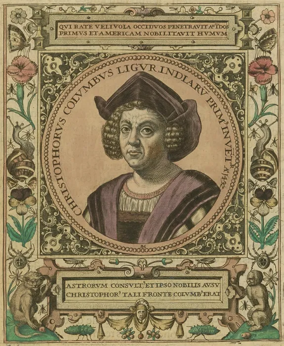 Framed Print : Christopher Columbus portrait decorated with a border of flowers and animals such as monkeys, snails, butterflies, spiders, and insects