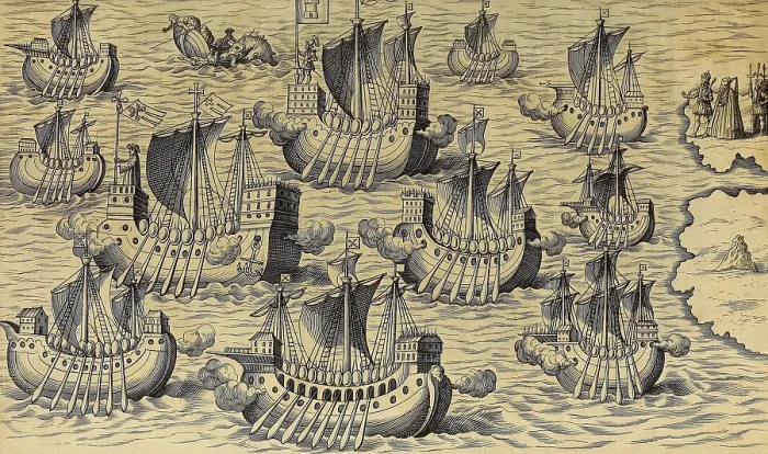 Framed Print : Christopher Columbuss Spanish royal patrons, Ferdinand and Queen Isabella, (far right) witness the beginning of Columbus second voyage