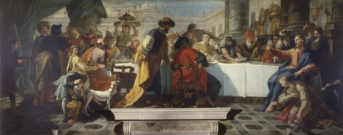 Framed Print : Christ's Banquet in the house of Simon the Pharisee, by Francesco Fontebasso, 1709 - 1769, 18th Century, canvas - Italy, Veneto, Venice, Ateneo Veneto. Whole artwork view