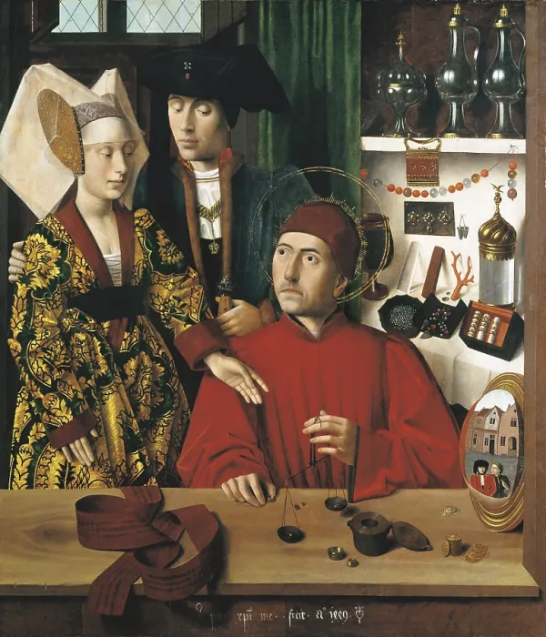 Framed Print : Christus, Petrus (1410-1475). Saint Eligius Goldsmith in his workshop. 1449. Flemish art. Oil on wood. UNITED STATES OF AMERICA. New York City. Metropolitan Museum of Art Framed Print : Christus, Petrus (1410-1475). Saint Eligius Goldsmith in his workshop. 1449. Flemish art. Oil on wood. UNITED STATES OF AMERICA. New York City. Metropolitan Museum of Art