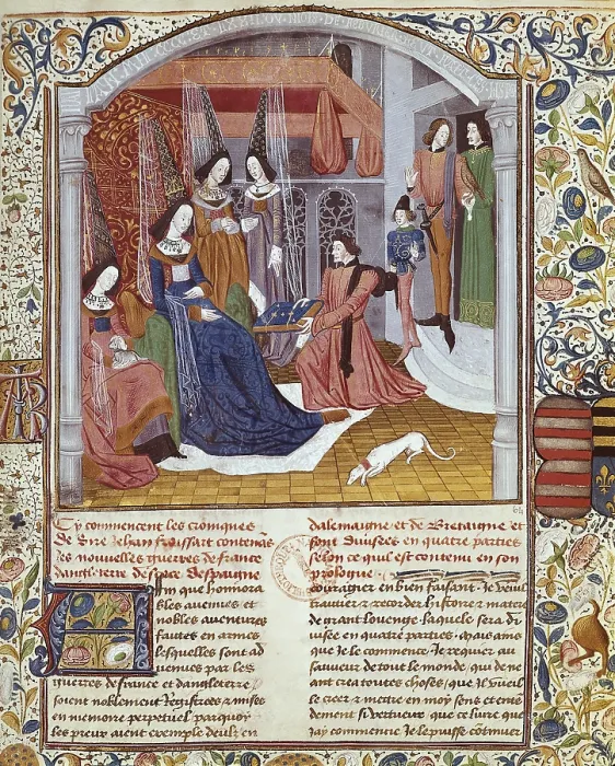 Framed Print : Chronicle by Jean Froissart. The author presenting his work to the Ducchess of Burgundy. Gothic art. Miniature Painting. FRANCE. Chantilly. Musee Conde (Conde Museum)