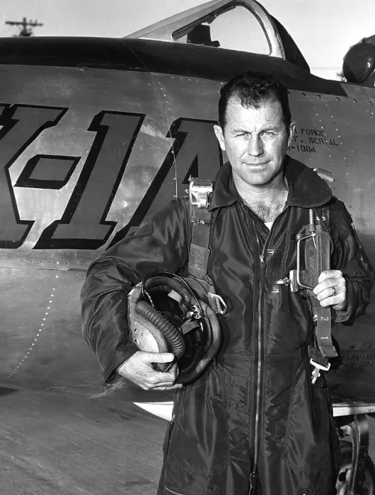 Framed Print : CHUCK YEAGER, with Bell X-1A in which he set a speed record of 1650 mph. Courtesy: CSU Archives  /  Everett Collection