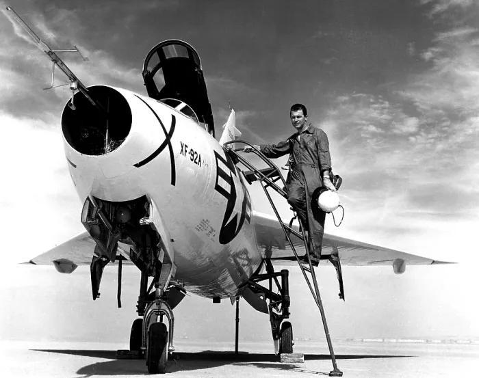 Framed Print : CHUCK YEAGER, with a Convair XF-29A plane during flight test operations.. Courtesy: CSU Archives  /  Everett Collection