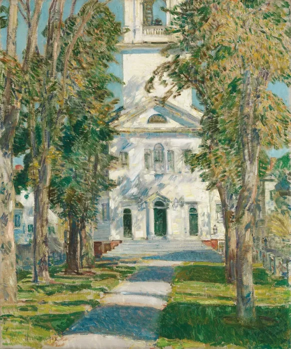 Framed Print : THE CHURCH AT GLOUCESTER, by Childe Hassam, 1918, American painting, oil on canvas. Universalist meetinghouse in Gloucester, Massachusetts, framed by an avenue of American elms