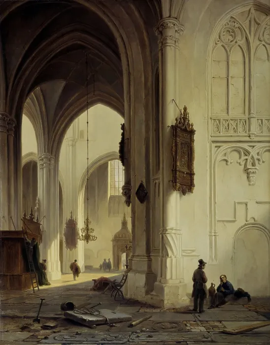 Framed Print : Church Interior, by Bartholomeus Johannes van Hove, 1844. Dutch painting, oil on panel. Two workers take a break from their work on a gravestone in the floor of the church