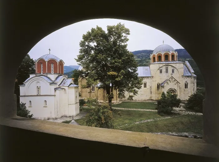 Framed Print : Church of the Mother of God. 1183-1191. SERBIA. Studenica. Monastery of Studenica. Monastic enclosure and Church of the Mother of God (1183-1191). Byzantine art