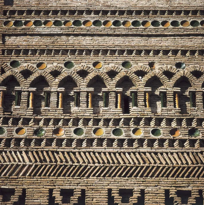 Framed Print : Church of Santa Mara. 13th-14th c. SPAIN. ARAGON. ZARAGOZA. Ateca. Tower wall, with structure of Almohad minaret decorated with horseshoe arches and green ceramics. Mudejar art