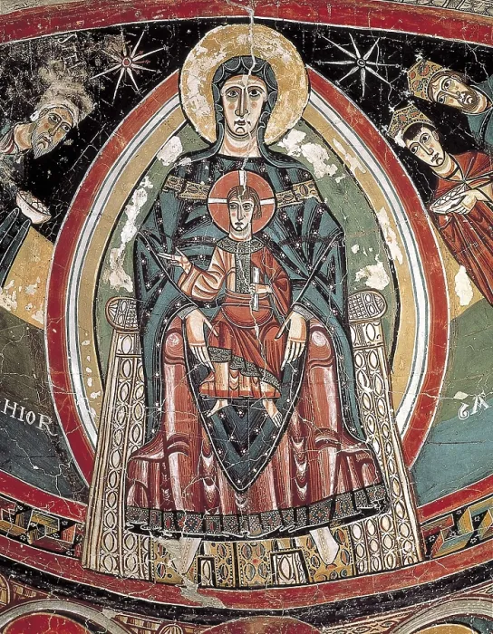 Framed Print : Church of Santa Mara in Tall. Paintings in the central apse. c. 1123. Detail of the Virgin and Child. Romanesque art. Fresco. SPAIN. Barcelona. National Art Museum of Catalonia
