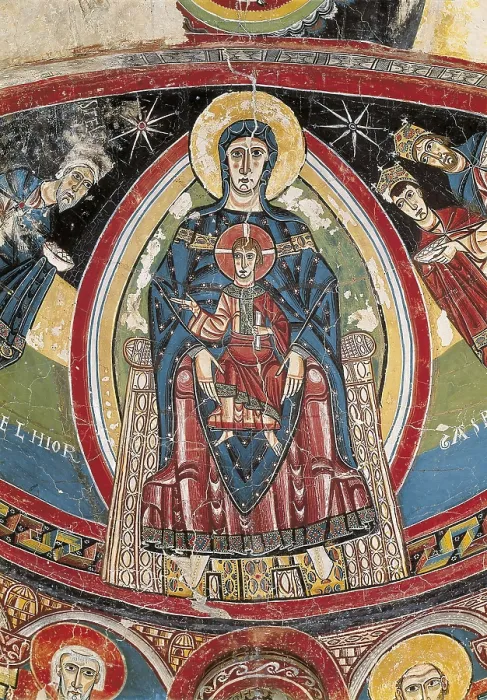 Framed Print : Church of Santa Mara in Tall. Paintings in the central apse. c. 1123. Detail of the Majestas Domini. Romanesque art. Fresco. SPAIN. Barcelona. National Art Museum of Catalonia
