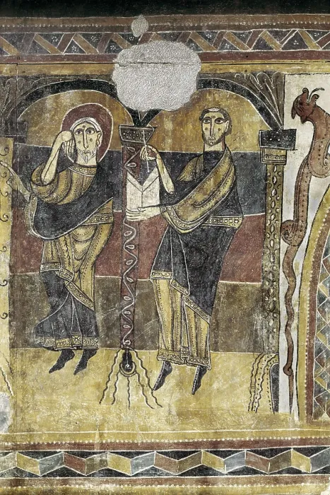 Framed Print : Church of Santa Mara in Tall. Paintings in the central apse. c. 1123. Detail of the Saints. Romanesque art. Fresco. SPAIN. Barcelona. National Art Museum of Catalonia