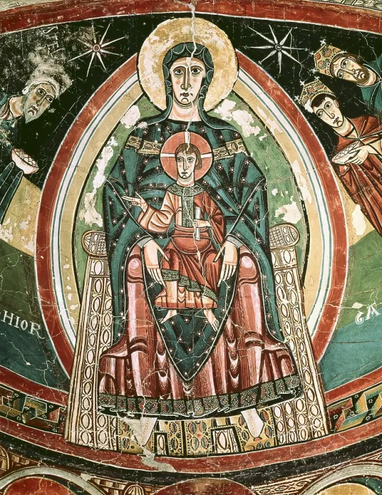 Framed Print : Church of Santa Maria in TaUll. Paintings in the central apse. c. 1123. Detail of the Virgin and Child. Romanesque art. Fresco. SPAIN. Barcelona. National Art Museum of Catalonia