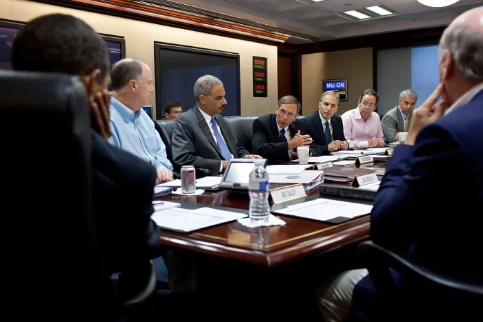 Framed Print : CIA Director David Petraeus speaking during a National Security meeting as Obama (left) listens. Situation Room of the White House, Sept. 10, 2011. (BSLOC_2015_13_267) Framed Print : CIA Director David Petraeus speaking during a National Security meeting as Obama (left) listens. Situation Room of the White House, Sept. 10, 2011. (BSLOC_2015_13_267)