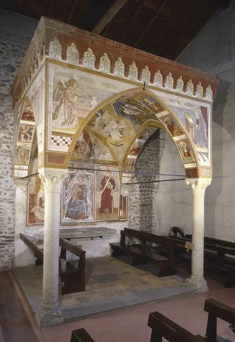 Framed Print : Ciborium, by Unknown Artist, 15th Century, fresco - Italy, Lombardy, Varese, Saint Stephen Church. Whole artwork view. Ciborium with decorations