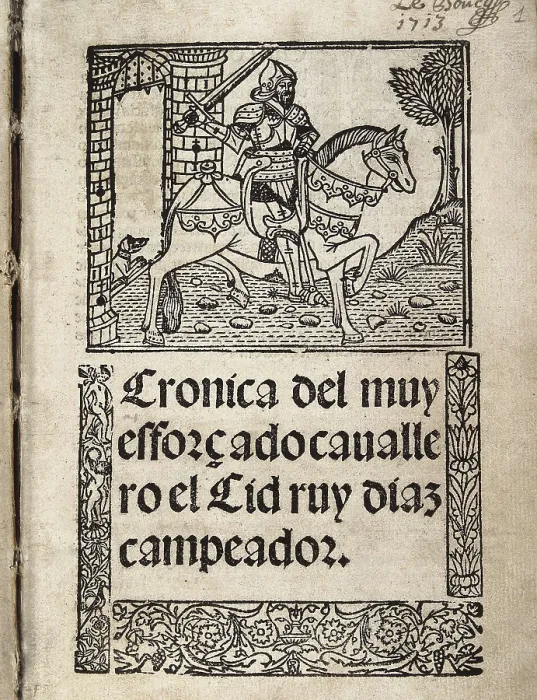 Framed Print : CID, Rodrigo Daz de Vivar, called The (1043-1099). Front page of the 'Crnica del muy efforado cavallero el Cid Ruy Daz Campeador' (Chronicle of the Cid). Engraving