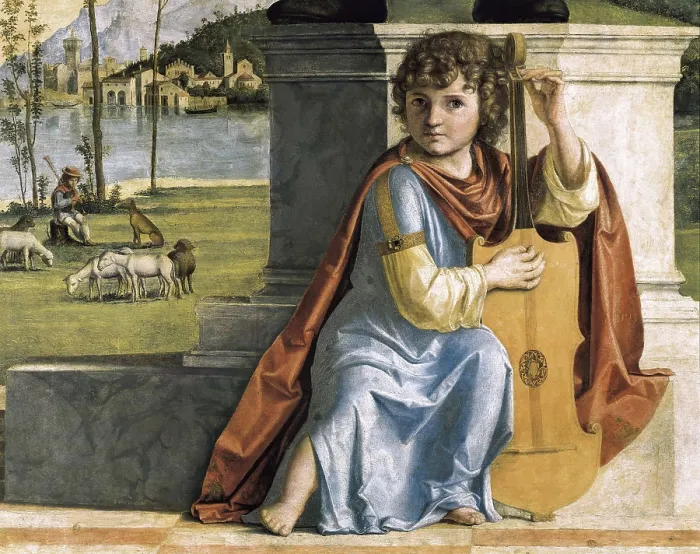 Framed Print : CIMA da CONEGLIANO, Giovanni Battista, also called (1459-1517). St Peter Martyr with St Nicholas of Bari, St Benedict and an Angel Musician. 1504. Renaissance art. Cinquecento
