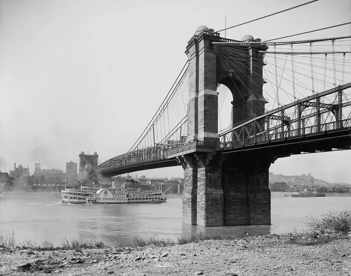 Framed Print : Cincinnati-Covington Bridge was the longest suspension bridge in the world at 1, 057 feet in 1866. On June 27, 1983 the bridge was renamed, John A Framed Print : Cincinnati-Covington Bridge was the longest suspension bridge in the world at 1, 057 feet in 1866. On June 27, 1983 the bridge was renamed, John A