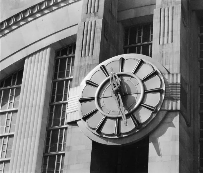 Framed Print : Cincinnati Union Terminal, clock on east front, constructed in 1933, partially demolished in 1974, Cincinnati, Ohio, photograph circa early 1970s