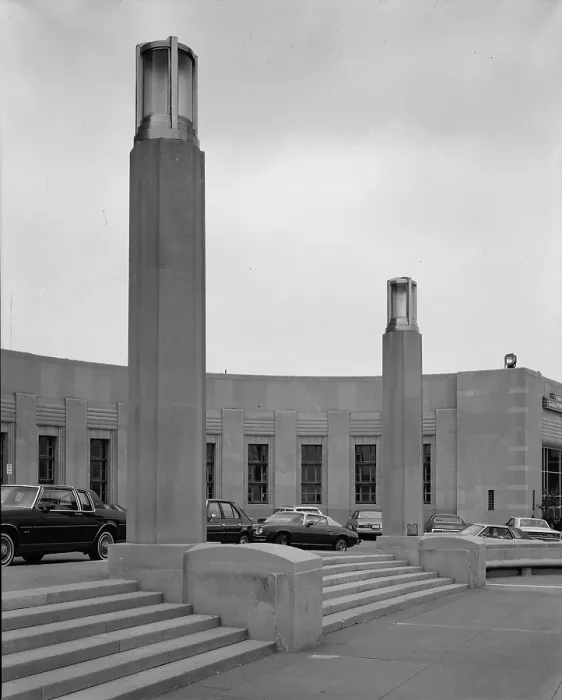 Framed Print : Cincinnati Union Terminal, lighting pylons, constructed in 1933, partially demolished in 1974, Cincinnati, Ohio, photograph circa early 1970s