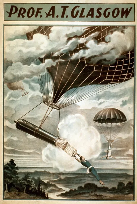 Framed Print : Circus aerial acts went higher that the tent by performing from balloons. 1898 poster