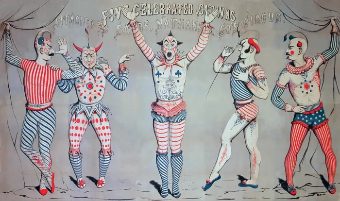 Framed Print : Circus poster from 1856 showing five celebrated clowns attached to Sands, Nathans Co's Circus Framed Print : Circus poster from 1856 showing five celebrated clowns attached to Sands, Nathans Co's Circus