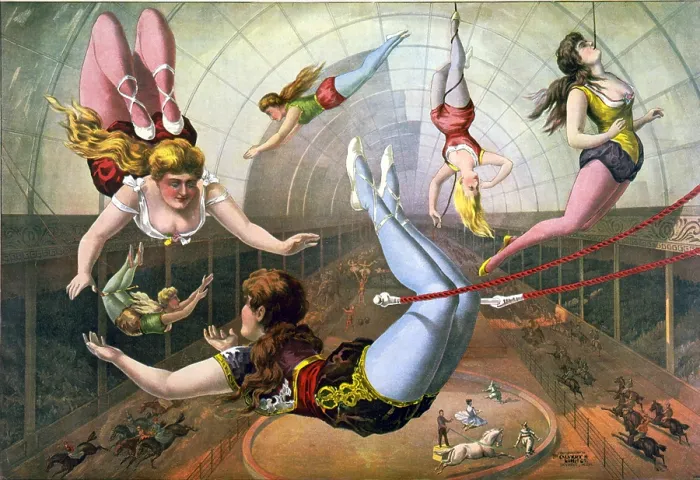 Framed Print : Circus poster with Female aerial acrobats on trapezes at circus, 1890 Framed Print : Circus poster with Female aerial acrobats on trapezes at circus, 1890