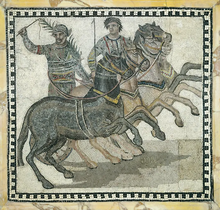 Framed Print : Circus scene, 3rd century. Auriga with palm, symbol of victory and 'iubilator' with his whip on the chariot. Roman art. Early Empire. Mosaic. SPAIN. Madrid