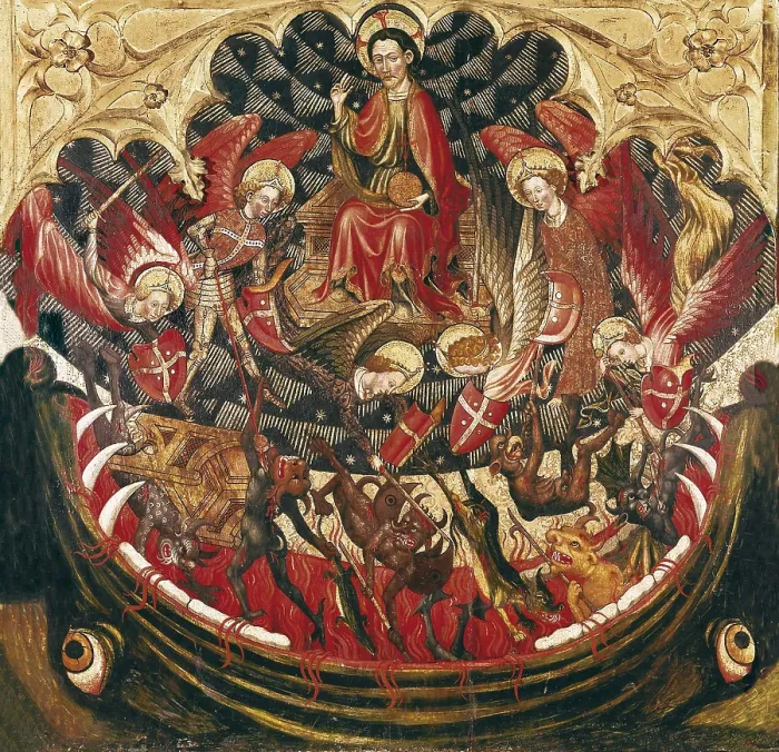 Framed Print : CIRERA, Jaume (15th century). Angels Fighting Devils. 1433. This panel was a part of the altarpiece of Saint Peter and Saint Michael. International gothic. Tempera on wood. SPAIN
