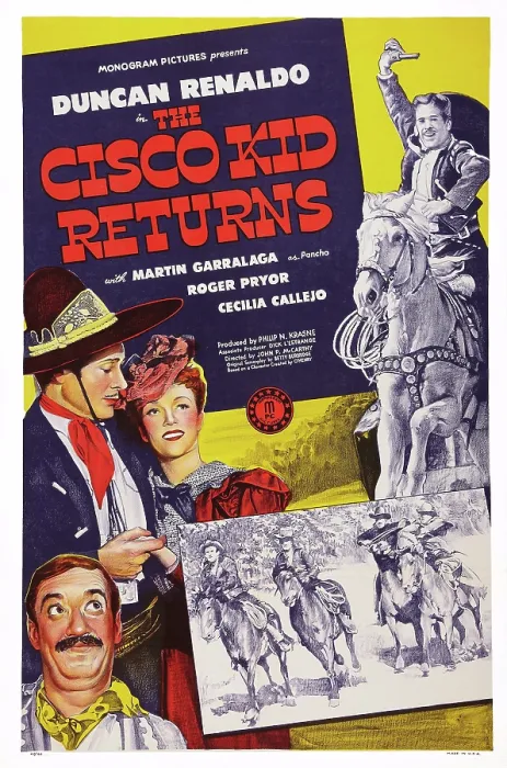 Framed Print : THE CISCO KID RETURNS, US poster art, from bottom left: Martin Garralaga, Duncan Renaldo, Cecilia Callejo, 1945 Framed Print : THE CISCO KID RETURNS, US poster art, from bottom left: Martin Garralaga, Duncan Renaldo, Cecilia Callejo, 1945